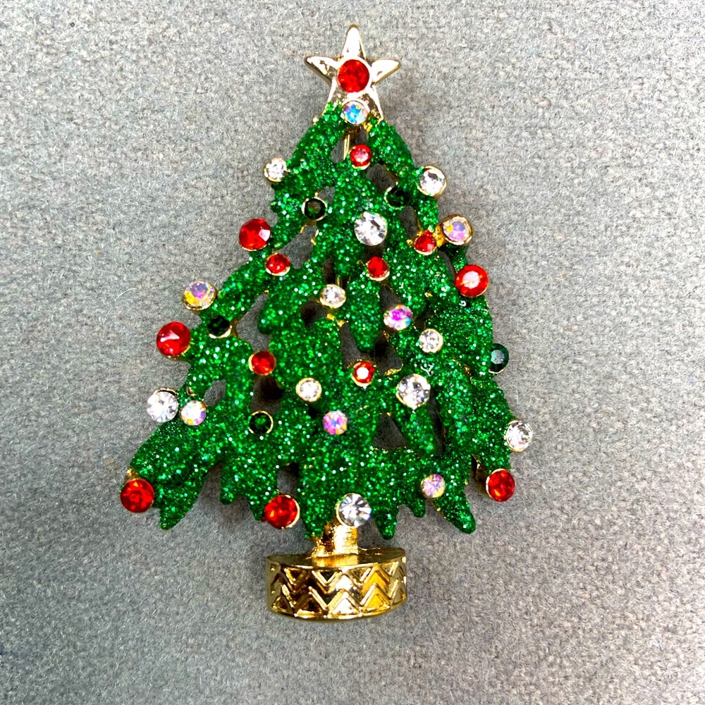 Christmas Tree Brooch sparkles Green Gift Box 2.5”‎ tall x 1.5”